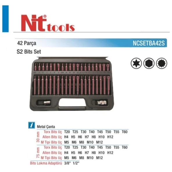 Nt Tools 42 Parça Torx, Allen ve M Tipi Bits Seti S2 Çeliği NCSETBA42S - Resim 2