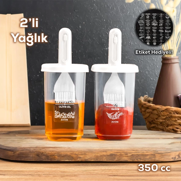 Porsima 0520 2'li Etiketli Silikon Fırçalı Yağlık - Sosluk-Yağdanlık Erzak Saklama Kabı 350cc - Beyaz ürün görseli 1