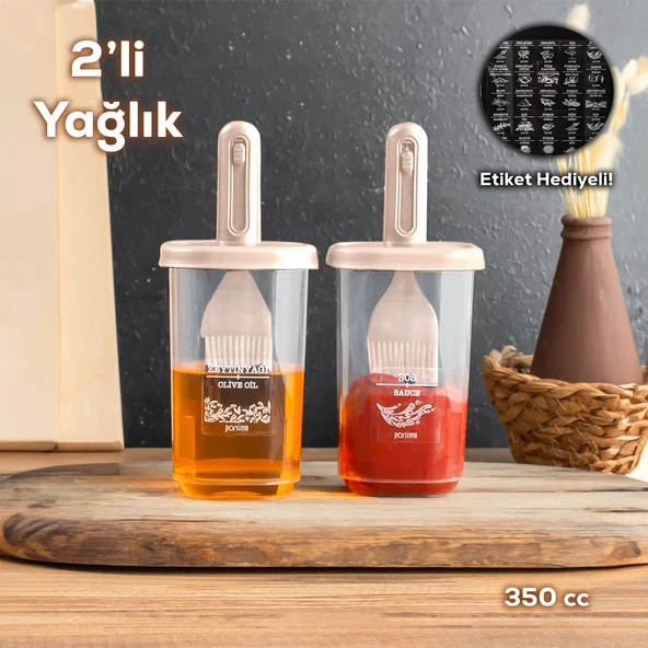 Porsima 0520 2'li Etiketli Silikon Fırçalı Yağlık - Sosluk-Yağdanlık Erzak Saklama Kabı 350cc - Cappuccino ürün görseli 1