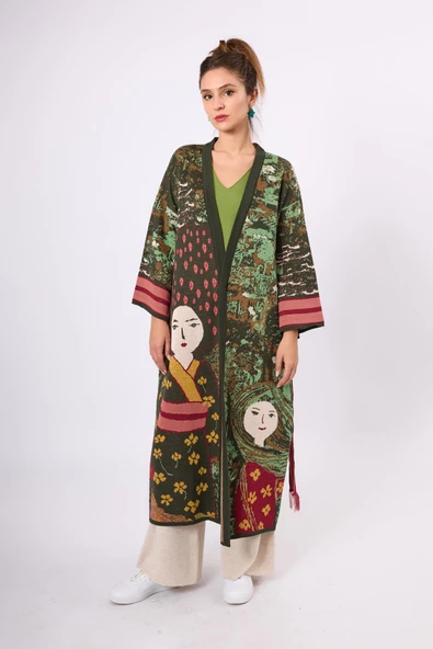 Peraluna Magic Moments Jakarlı Kadın Uzun Triko Kimono - Koyu Yeşil Multi ürün görseli 1