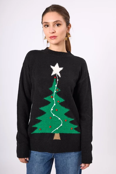 Peraluna Happy Times Çam Ağacı Desenli Unisex Yılbaşı Kazağı - Siyah/Yeşil ürün görseli 1