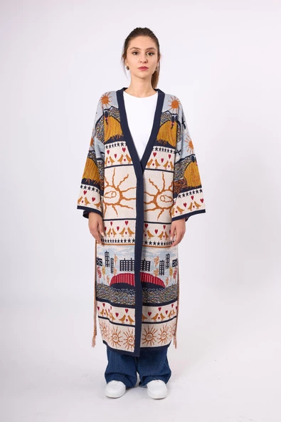 Peraluna Sweet Memories Jakarlı Kadın Uzun Triko Kimono - Lacivert Multi ürün görseli 1