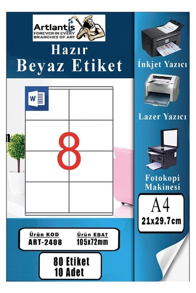 A4 Hazır Etiket 105x72 mm 10 Sayfa 1 Paket 8 li Kendinden Yapışkanlı Fotokopi Lazer İnkjet Kağıdı Yazıcılar İçin Uyumlu ürün görseli 1