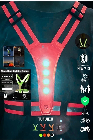 Reflektif Işıklı Yelek Turuncu Fosforlu Neon Bisiklet, Motosiklet,Scooter Gece İkaz Uyarı Yeleği ürün görseli 1