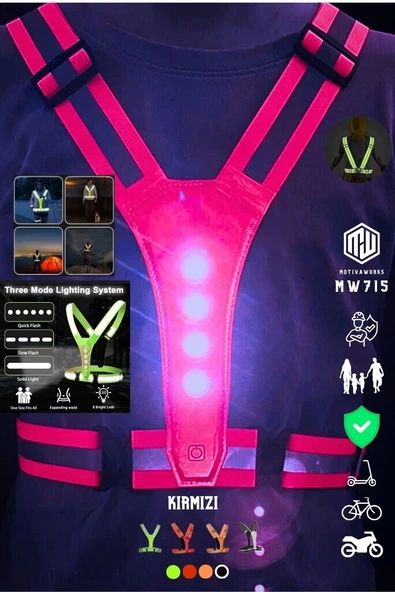 Reflektif Işıklı Yelek Kırmızı Fosforlu Neon Bisiklet, Motosiklet,Scooter Gece İkaz Uyarı Yeleği ürün görseli 1