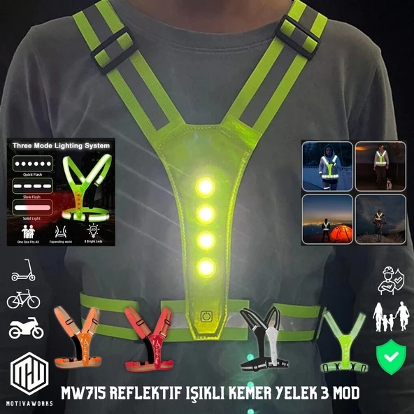 Reflektif Işıklı Yelek Sarı Fosforlu Neon Bisiklet, Motosiklet,Scooter Gece İkaz Uyarı Yeleği ürün görseli 1
