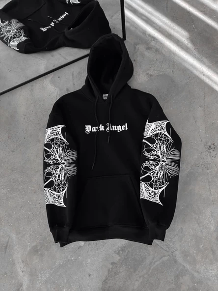 Üç İplik Kapşonlu Baskılı Oversize SweatShirt- Siyah ürün görseli 1