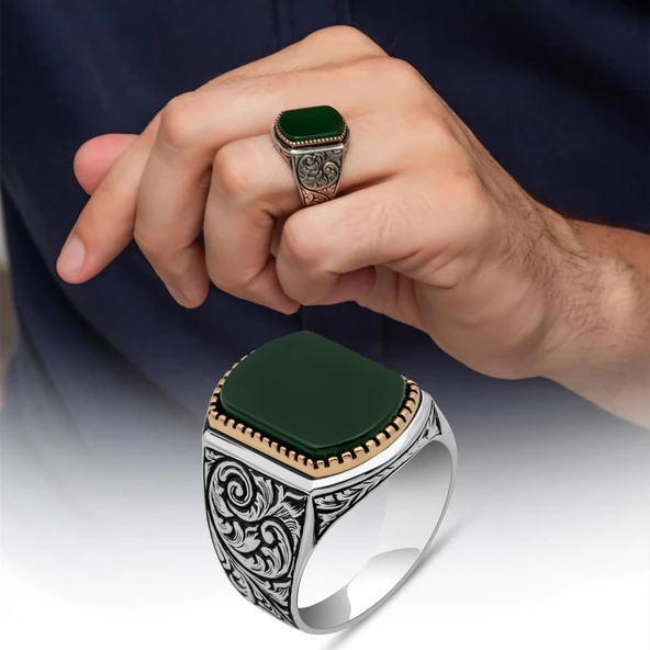 Yeşil Akik Taşlı Oyma Motif 925 Gümüş Erkek Yüzük ürün görseli 1