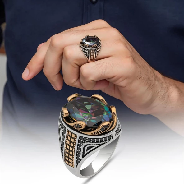 Mistik Topaz Taşlı Dalga Desen 925 Gümüş Yüzük ürün görseli 1
