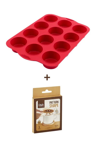 12'li Silindir Muffin Kek Kalıbı ve Pasta Süsleme Şablonu, Kahve, Tatlı Şekillendirici Süsleme Aparatı İkili Set ürün görseli 1