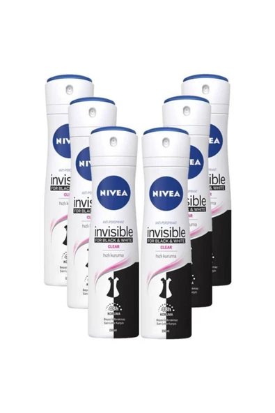 NIVEA Invisible Black&white Clear Kadın Sprey Deodorant 150 Ml*6'lı ürün görseli 1