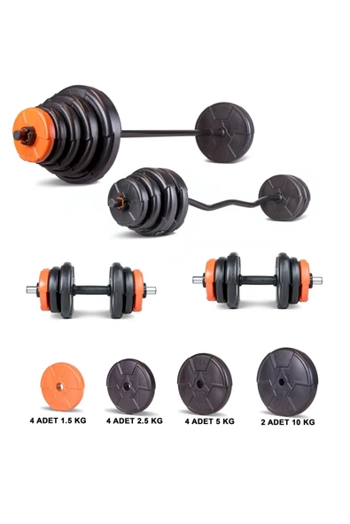 Ecgspor 59 Kg Z bar Halter ve Dambıl Seti Turuncu Siyah (56 kg Ağırlık Plakası +Barlar) ürün görseli 1