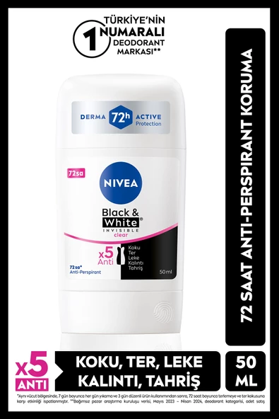 NIVEA Kadın Stick Deodorant Black&White Clear 50ml, 72 Saat Anti-perspirant Koruma ürün görseli 1