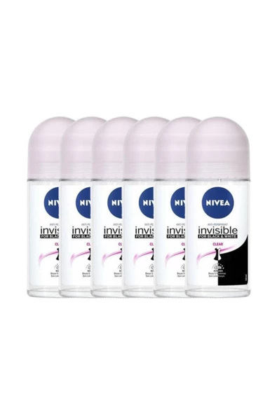 NIVEA Invisible Black&white Clear 50 ml Kadın Roll On 6'lı Paket ürün görseli 1