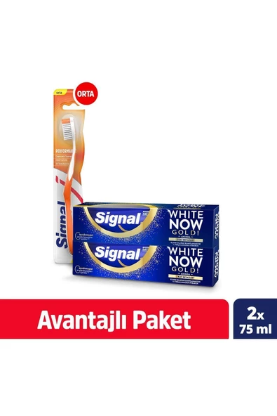 Signal White Now Gold Anında Beyazlık Diş Macunu 75 ml X2  Performance Orta Diş Fırçası ürün görseli 1