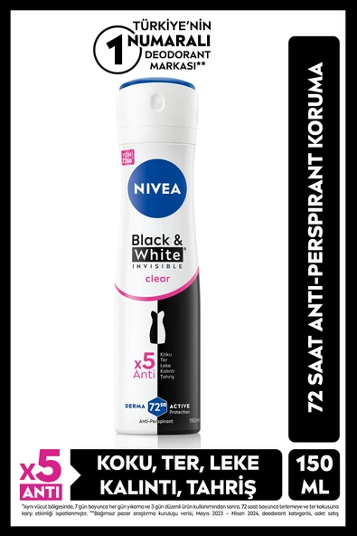 Nıvea Kadın Sprey Deodorant Black&White Invisible Clear 150Ml, 72 Saat Anti-Perspirant Koruma ürün görseli 1