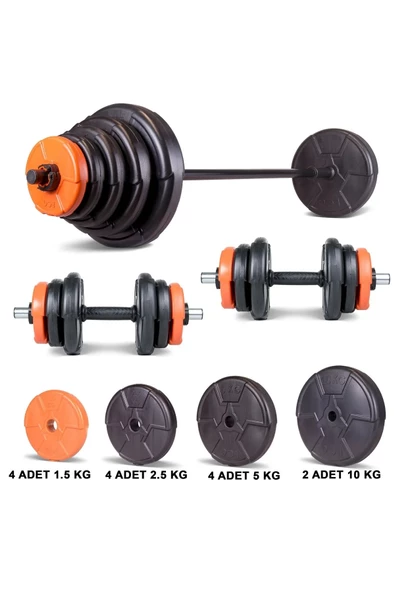 Ecgspor 56 Kg Halter ve Dambıl Seti Turuncu Siyah (NET 56 KG AĞIRLIK İÇERİR) ürün görseli 1