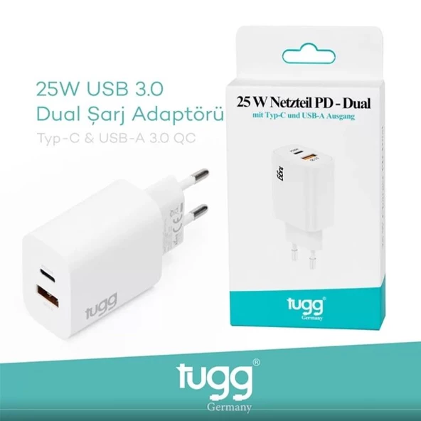 TUGG GERMANY 104406 ŞARJ BAŞLIK USB+TYPE-C GİRİŞLİ 25W ürün görseli 1