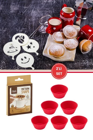 6lı Airfryer Silikon Kek Muffin Kalıbı ve Pasta Süsleme Şablonu, Kahve, Tatlı Şekillendirici Süsleme Aparatı İkili Set ürün görseli 1