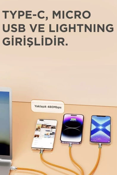 Torima 3in1 Type C- Lightning- Micro Usb Silikon 3.0A 1.5M Şarj ve Data Kablosu - Resim 2