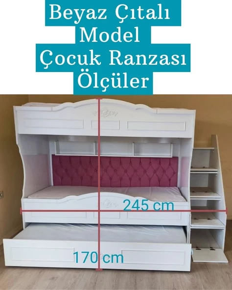 Çocuk Ranzası (Beyaz - Çıtalı Model) - Resim 3