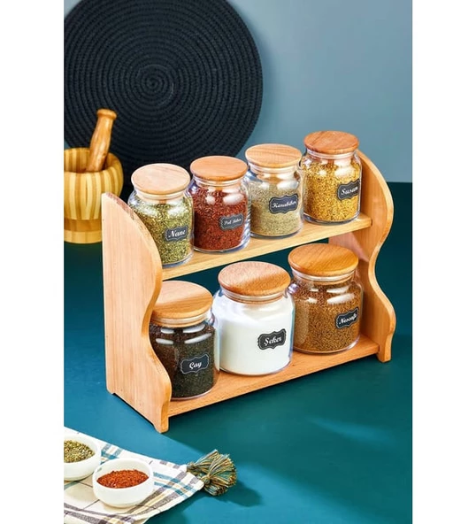 Bambu Kapaklı 7 Parça Cam Baharatlık-baharat Takımı ürün görseli 1