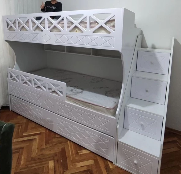 Beyaz Çarpılı Model Çocuk Ranzası - Resim 4