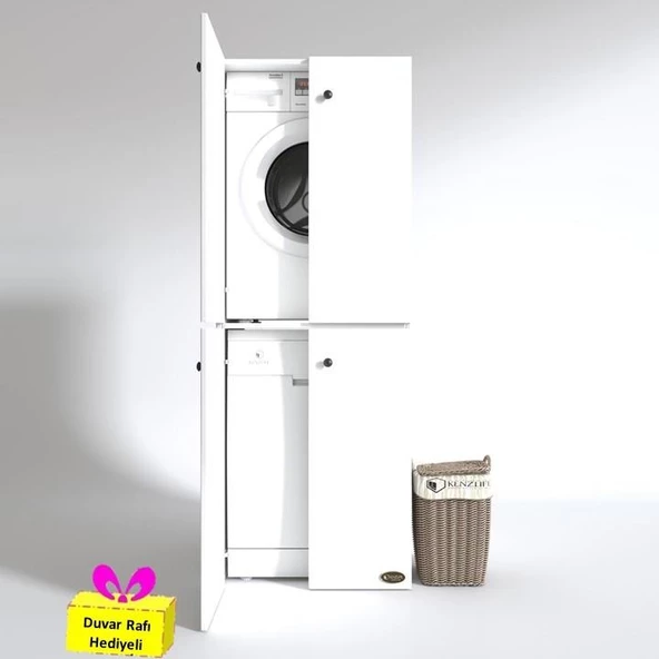 Kenzlife çamaşır-bulaşık makinesi dolabı kapaklı roksana byz 180*70*60 banyo çift katlı arkalıksız + tekli duvar rafı hediyeli ürün görseli 1