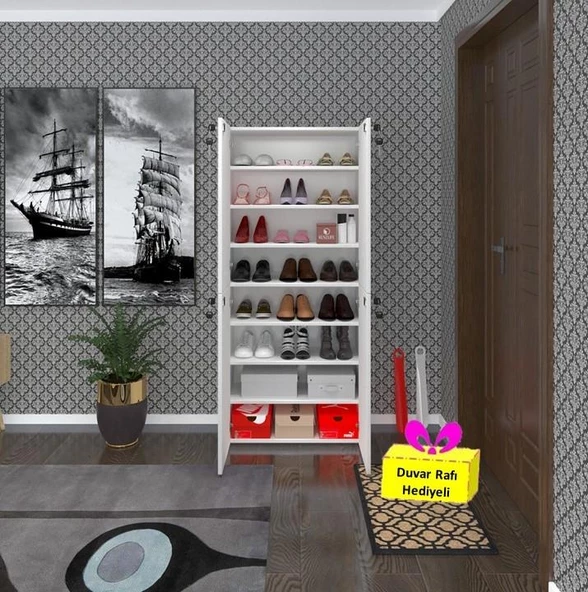 Kenzlife ayakkabılık ayakkabı dolabı kilitli be real byz 160*70*32 kapaklı arkalıklı ofis dolabı iki bölme + tekli duvar rafı hediyeli ürün görseli 1