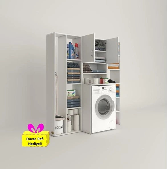 Kenzlife çamaşır makinesi dolabı hayzummega byz 180*156*55 banyo kiler çift kapaklı arkalıklı + tekli duvar rafı hediyeli ürün görseli 1