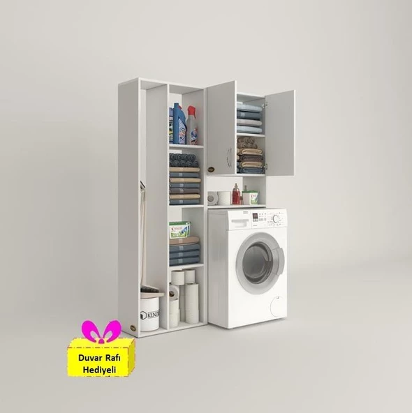 Kenzlife çamaşır makinesi dolabı veronikasüpürge byz 180*126*20 banyo arkalıksız raflı + tekli duvar rafı hediyeli ürün görseli 1