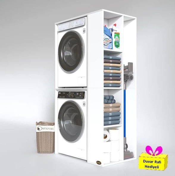 Kenzlife çamaşır-kurutma makinesi dolabı demyan byz 180*090*60 banyo arkalıksız + tekli duvar rafı hediyeli ürün görseli 1