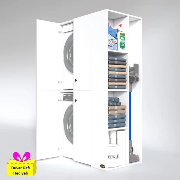 Kenzlife çamaşır-kurutma makinesi dolabı kapaklı foka byz 180*090*60 banyo arkalıksız + tekli duvar rafı hediyeli ürün görseli 1