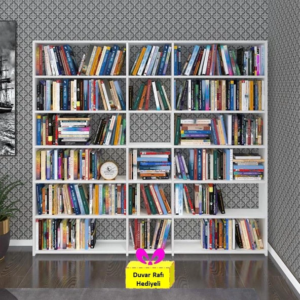 Kenzlife kitaplık süper ga 180*200*19 byz 6 katlı 3 bölme çift bölme opsiyonlu ofis mutfak banyo dolabı arkalıksız+Tekli Duvar Rafı Hediye ürün görseli 1