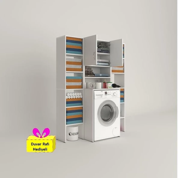 Kenzlife çamaşır makinesi dolabı hayzummaksduble byz 180*126*55 banyo kiler çift kapaklı arkalıklı + tekli duvar rafı hediyeli ürün görseli 1