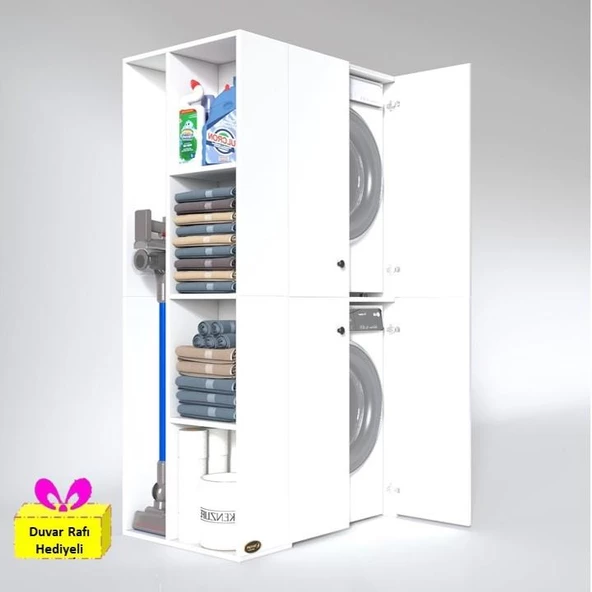 Kenzlife çamaşır-kurutma makinesi dolabı kapaklı foka sol byz 180*090*60 banyo arkalıksız + tekli duvar rafı hediyeli ürün görseli 1