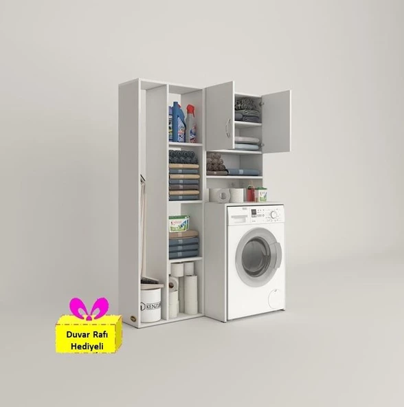 Kenzlife çamaşır makinesi dolabı hayzumsüpürge byz 180*126*55 banyo kiler çift kapaklı arkalıklı + tekli duvar rafı hediyeli ürün görseli 1