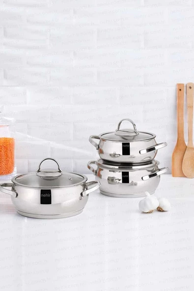 Nehir Silver Lüks 6 Parça Cam Kapaklı Derin Çelik Tencere Seti ürün görseli 1