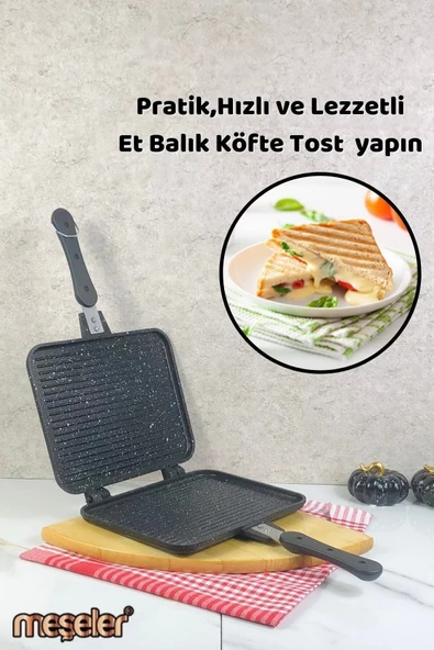 MEŞELER Ocak Üstü Granit Döküm El Tost ve Çok Amaçlı Grill Tava Siyah ürün görseli 1