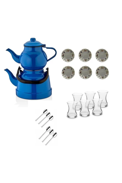 Ebru Metal 22 Parça Lalenaz Emaye Nostaljik Orta Boy Çaydanlık  Ve Çay Seti Takımı ürün görseli 1