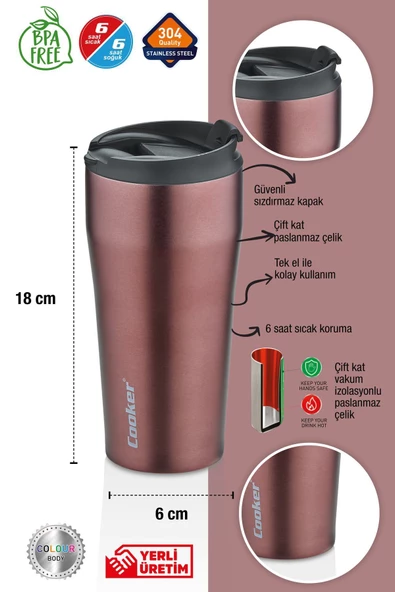 Cooker 0,40 ml Çift Kat Paslanmaz Çelik Termos ( Çay Kahve Piknik Kamp Outdoor Ofis Otel Kafe Okul )-bordo ürün görseli 1