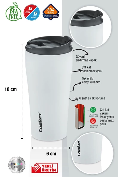 Cooker 0,40 ml Çift Kat Paslanmaz Çelik Termos ( Çay Kahve Piknik Kamp Outdoor Ofis Otel Kafe Okul )-beyaz ürün görseli 1