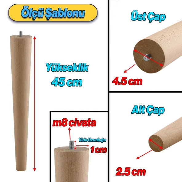 4 Adet Aparatlı Ahşap Mobilya Ayağı 45 cm Sehpa Zigon Orta Masa Puf Tabure Tv Ünitesi Ayakları M8 ürün görseli 1