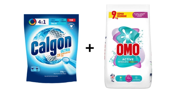 Calgon Çamaşır Makinesi Kireç Önleyici 250 G + Omo Renkliler ve Beyazlar İçin Çamaşır Deterjanı 9 Kg (2'li set) ürün görseli 1