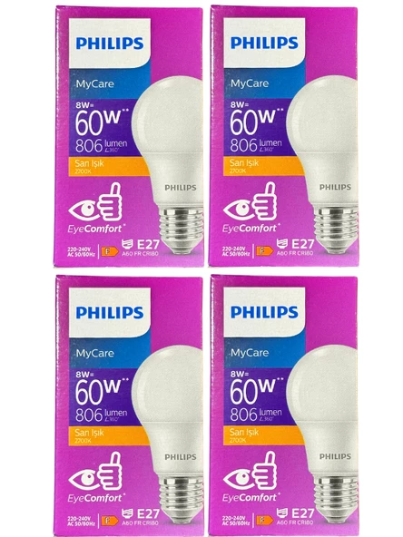 Philips 8W (60W) 2700K (Sarı Işık) E27 Duylu Klasik Led Ampul (4 Adet) ürün görseli 1