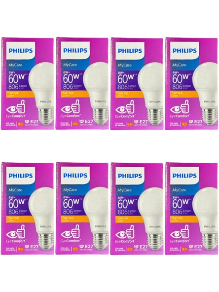 Philips 8W (60W) 2700K (Sarı Işık) E27 Duylu Klasik Led Ampul (8 Adet) ürün görseli 1