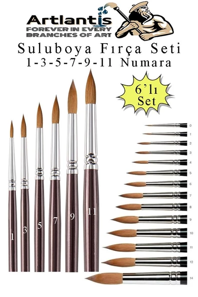 Resim Fırçası 1 - 3 - 5 - 7 - 9 - 11 Numara 1 Paket 6 lı Samur Yuvarlak Uçlu Fırça Seti Guaj Sulu Akrilik Yağlı Boya Fırçaları ürün görseli 1
