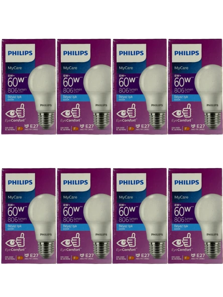 Philips 8W (60W) 6500K (Beyaz Işık) E27 Duylu Klasik Led Ampul (8 Adet) ürün görseli 1