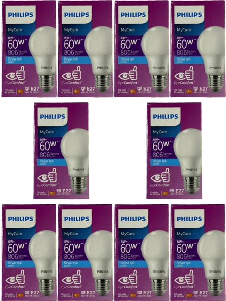 Philips 8W (60W) 6500K (Beyaz Işık) E27 Duylu Klasik Led Ampul (10 Adet) ürün görseli 1