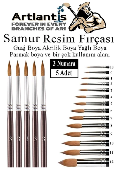 Resim Fırçası 3 Numara 5 li 1 Paket Samur Yuvarlak Uçlu Fırça Seti Guaj Sulu Akrilik Yağlı Boya Fırçaları ürün görseli 1